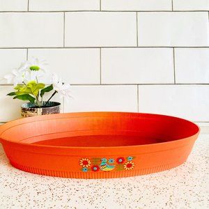 Vintage 70s orange plastic tray boho bird flowers